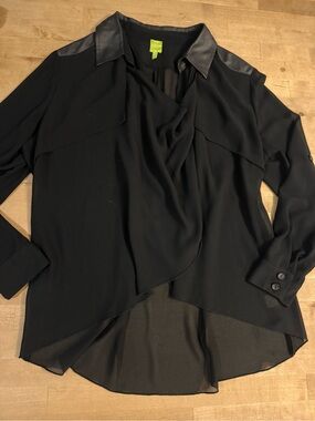 Adam Jacobs Black Draped sheer Blouse with Faux-Leather Collar